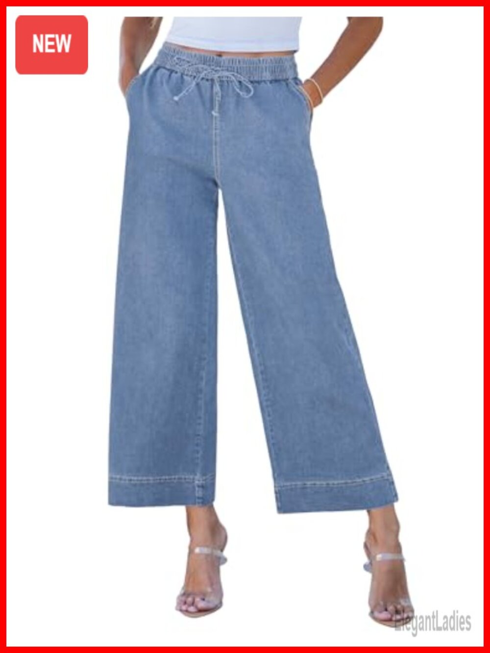 Wide Leg High Waisted Cropped Pull On Jeans with Pockets Stretchy Denim